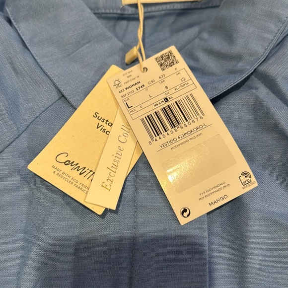 MNG Mango Frill Cotton Shirt Dress Blue Midi Linen Blend Tiered A-Line NWT-8 - Picture 9 of 10